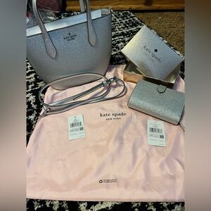 Kate Spade Silver Tote Bag Set with tags and dust bag